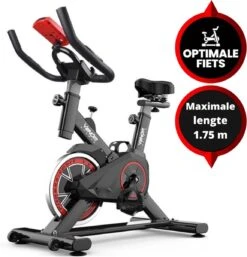 Venom Sports Hometrainer Fiets – Fitness Fiets – Professionele Indoor Cycle Met Lage Instap – Hometrainer Fitness – Hoge Stabiliteit – Spinningfiets – Cardio Bike – LCD Scherm – Verstelbaar – V-belt Aandrijving – Tot 175cm En 150kg – Zwart/Rood