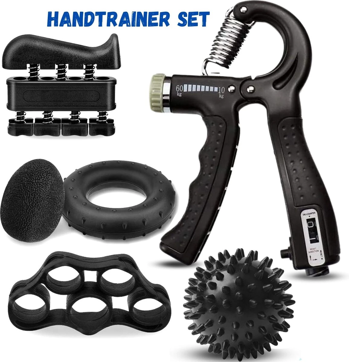 KANGKA 6 Delige Handtrainer Set – Verstelbare Handknijper - Handgrip - Vingertrainer - Onderarm Grip Trainer – Stressbal, Knijphalter, Stretcher & Grip Bal 1 KANGKA 6 Delige Handtrainer Set – Verstelbare Handknijper - Handgrip - Vingertrainer - Onderarm Grip Trainer – Stressbal, Knijphalter, Stretcher & Grip Bal