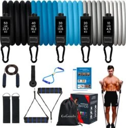 GoGoods® Resistance Band - 15-delige Weerstandsbanden Set - 70kg Totaal - Fitness Elastieken - Met Handvaten / Enkelbanden
