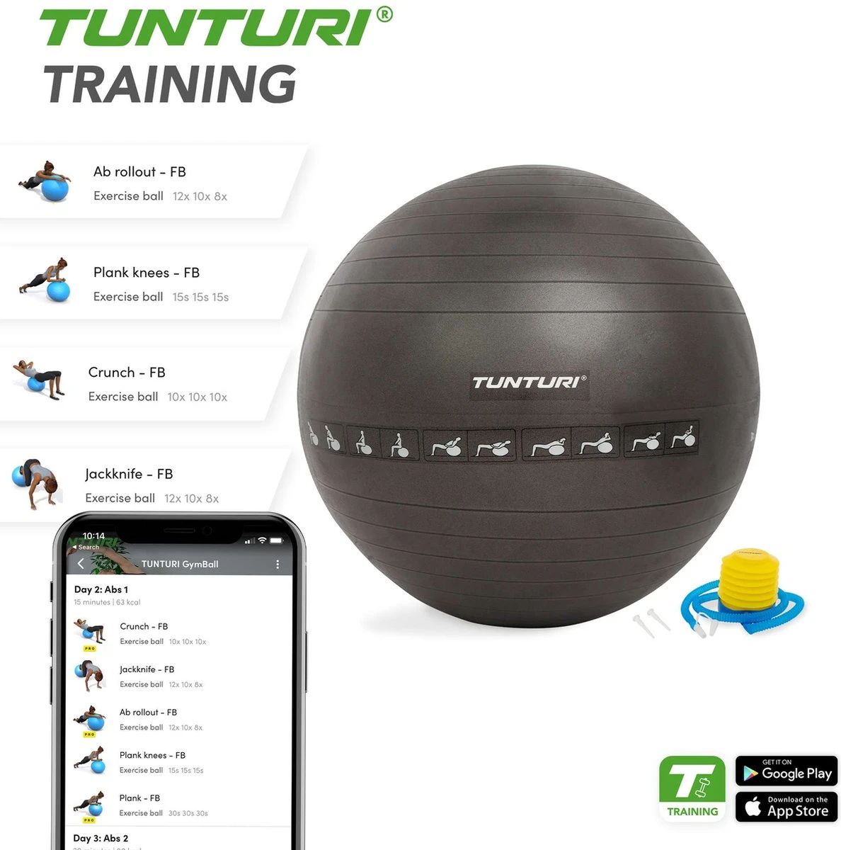 Tunturi Fitnessbal - Gymball - Swiss Ball - 75 Cm - Anti Burst - Inclusief Pomp - Zwart - Incl. Gratis Fitness App 7 Tunturi Fitnessbal - Gymball - Swiss Ball - 75 Cm - Anti Burst - Inclusief Pomp - Zwart - Incl. Gratis Fitness App - Afbeelding 7
