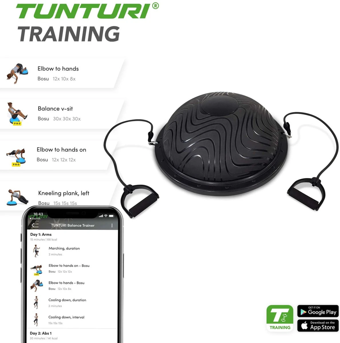 Tunturi Balanstrainer Pro Met Handvatten - Balanskussen Met Resistance Band Set - Balansbal Incl. Meegeleverde Voetpomp - Incl. Gratis Fitness App 17 Tunturi Balanstrainer Pro Met Handvatten - Balanskussen Met Resistance Band Set - Balansbal Incl. Meegeleverde Voetpomp - Incl. Gratis Fitness App - Afbeelding 17