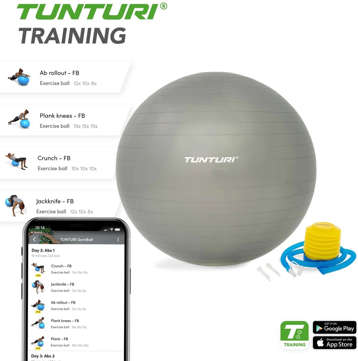 Tunturi Fitness Bal - Yoga Bal Inclusief Pomp - Pilates Bal - Zwangerschaps Bal - 55 Cm - Kleur: Zilver - Incl. Gratis Fitness App 5 Tunturi Fitness Bal - Yoga Bal Inclusief Pomp - Pilates Bal - Zwangerschaps Bal - 55 Cm - Kleur: Zilver - Incl. Gratis Fitness App - Afbeelding 5