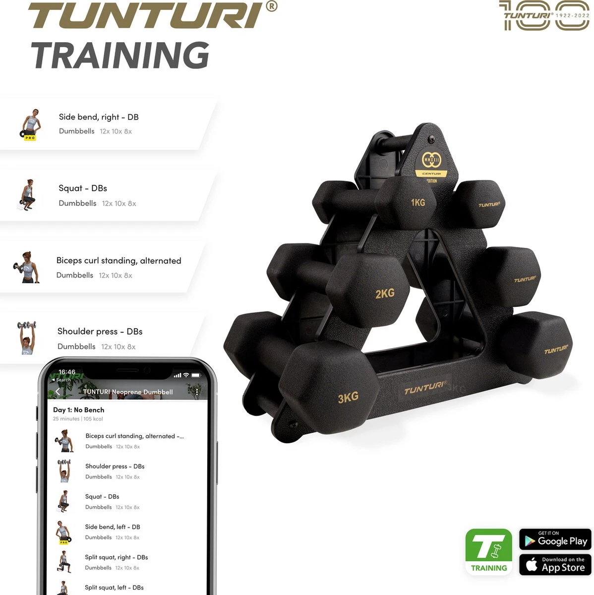 Tunturi Gewichten Centuri - Halterset - Dumbbell Set - Neopreen Dummbbells - 1 T/m 3kg - 3 Paar - Incl. Gratis Fitness App 6 Tunturi Gewichten Centuri - Halterset - Dumbbell Set - Neopreen Dummbbells - 1 T/m 3kg - 3 Paar - Incl. Gratis Fitness App - Afbeelding 6