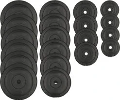 Halterbank Inc. 105 Kg GEWICHTEN - Sportbank - Fitnessbank + Halterschijven + 2 Halterstangen + 4 Dumbbell Stangen - Multifunctioneel - Volledig Instelbaar – Opklapbaar -FitForce Outlet Winkel 1200x1000