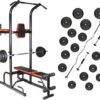 Fitness Trainer - Pull Up Toren - Dip Station – Push Up Bar - Dip Rack Halterbank Inc. 50 Kg GEWICHTEN + Sportbank Fitnessbank + Halterschijven + 3 Halterstangen - Multifunctioneel - Volledig Instelbaar - Opklapbaar