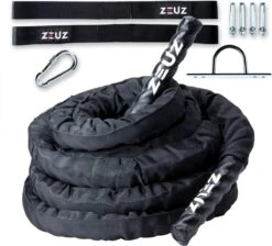 ZEUZ® Premium 9 Meter Battle Rope Inclusief Nylon Sleeve & Bevestigingsmateriaal – Training Touw – Fitness & Crossfit – Thuis Trainen