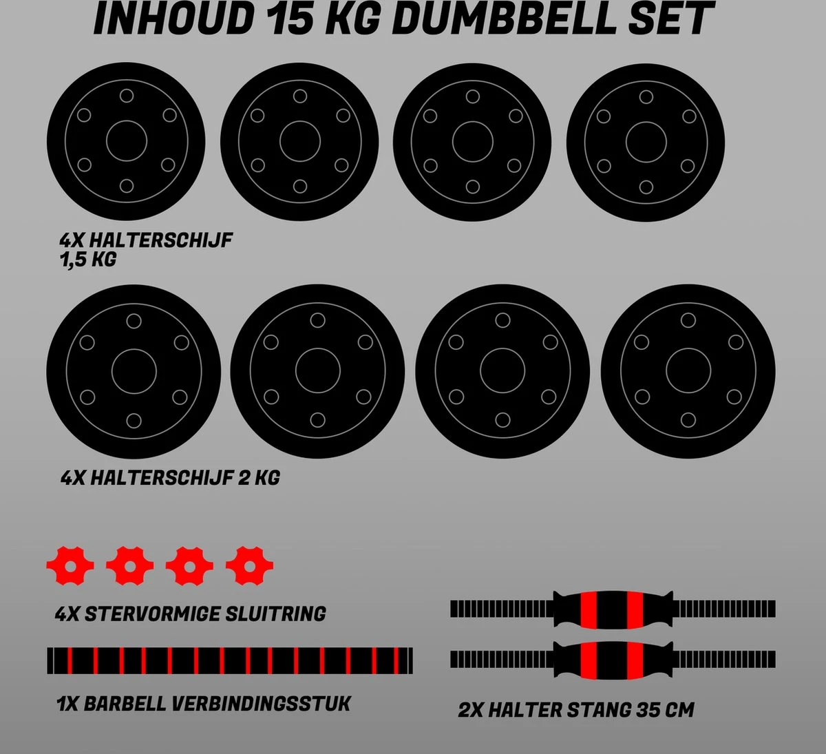 ForzaFit Halterset 15kg - Dumbbelset - Barbell Halterstang Met Gewichten - Fitness Stang - Zwart 3 ForzaFit Halterset 15kg - Dumbbelset - Barbell Halterstang Met Gewichten - Fitness Stang - Zwart - Afbeelding 3
