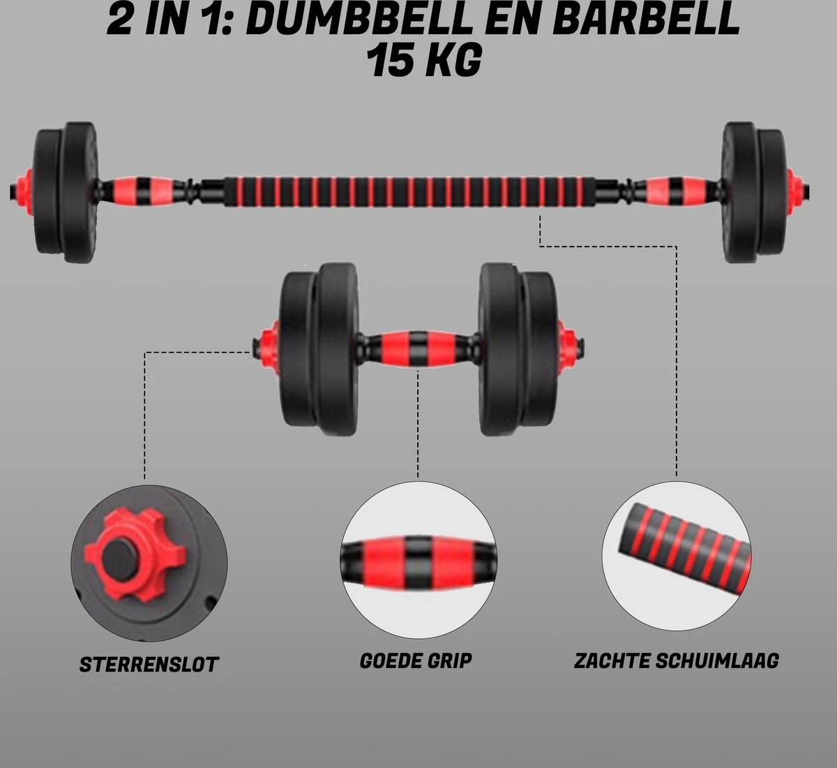 ForzaFit Halterset 15kg - Dumbbelset - Barbell Halterstang Met Gewichten - Fitness Stang - Zwart 4 ForzaFit Halterset 15kg - Dumbbelset - Barbell Halterstang Met Gewichten - Fitness Stang - Zwart - Afbeelding 4