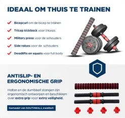 SOUTHWALL Dumbbells Set Verstelbaar Met Halterstang Tot 30kg – Verstelbare Halterset – Fitness Stang – Fitness Gewichten Set – Professionele 2-in-1 Dumbbellset – Gebruiksvriendelijk – Multifunctioneel – Dumbell Set 30 Kg – Rood/Zwart -FitForce Outlet Winkel 1200x1142 4