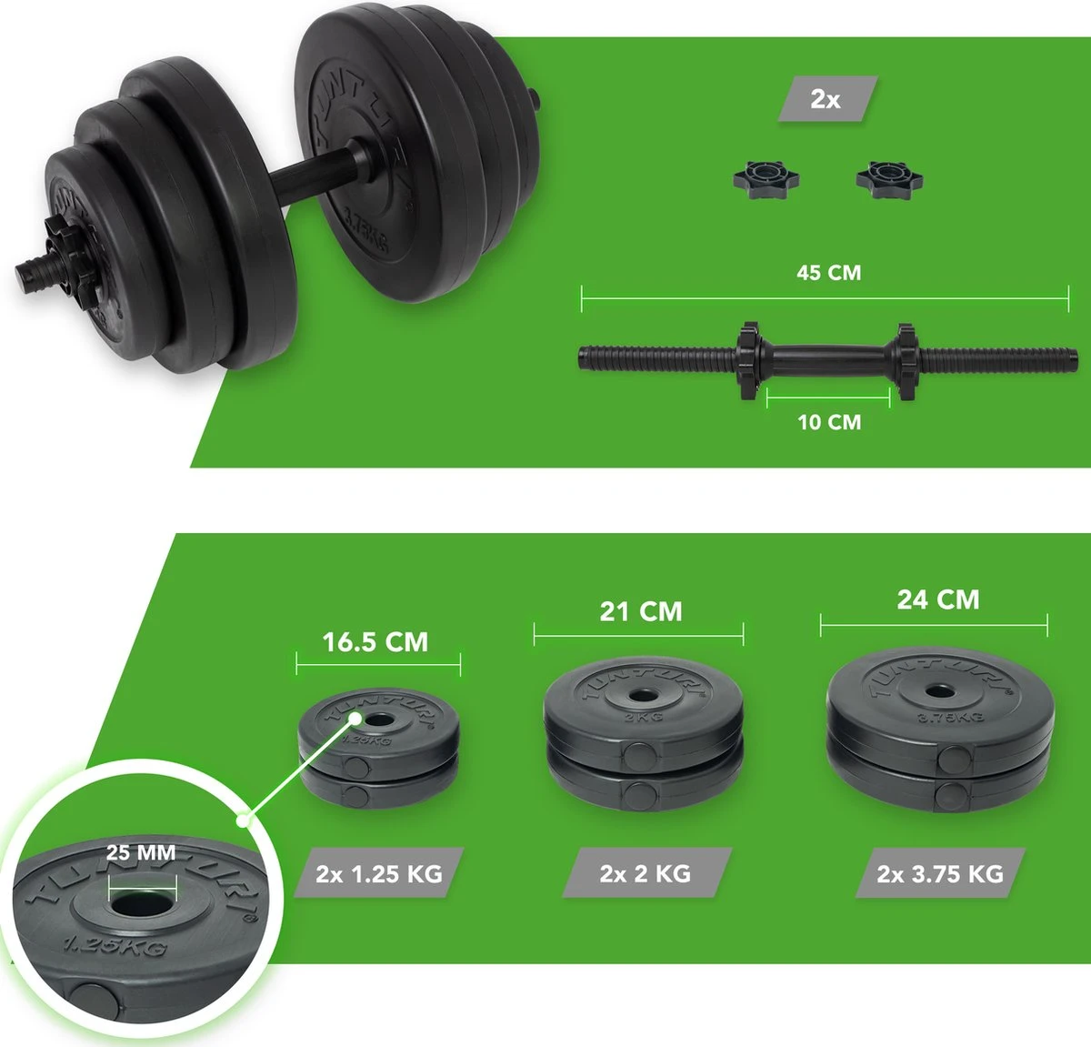 Tunturi Dumbbellset - Halterset - Totaal 15 Kg - Zwart Vinyl - Incl. Gratis Fitness App 4 Tunturi Dumbbellset - Halterset - Totaal 15 Kg - Zwart Vinyl - Incl. Gratis Fitness App - Afbeelding 4