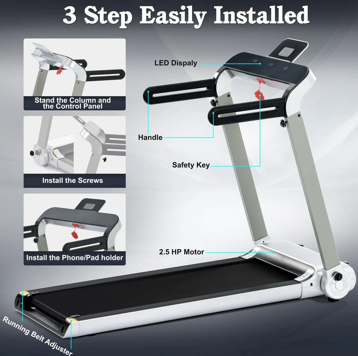 Merax Elektrische Loopband - Opvouwbaar - Inklapbaar Hardloopband - Professioneel - Fitness Hometrainer - Zilver Met Zwart 9 Merax Elektrische Loopband - Opvouwbaar - Inklapbaar Hardloopband - Professioneel - Fitness Hometrainer - Zilver Met Zwart - Afbeelding 9