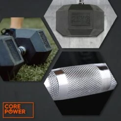 Core Power Hexa Dumbells Set - 2x 12,5 Kg - Gewichten Met Rubber Coating En Verchroomde Grip - Geschikt Voor Professioneel Gebruik, CrossFit En Thuis Fitness - Verkrijgbaar Van 1 Tm 25 Kg -FitForce Outlet Winkel 1200x1197