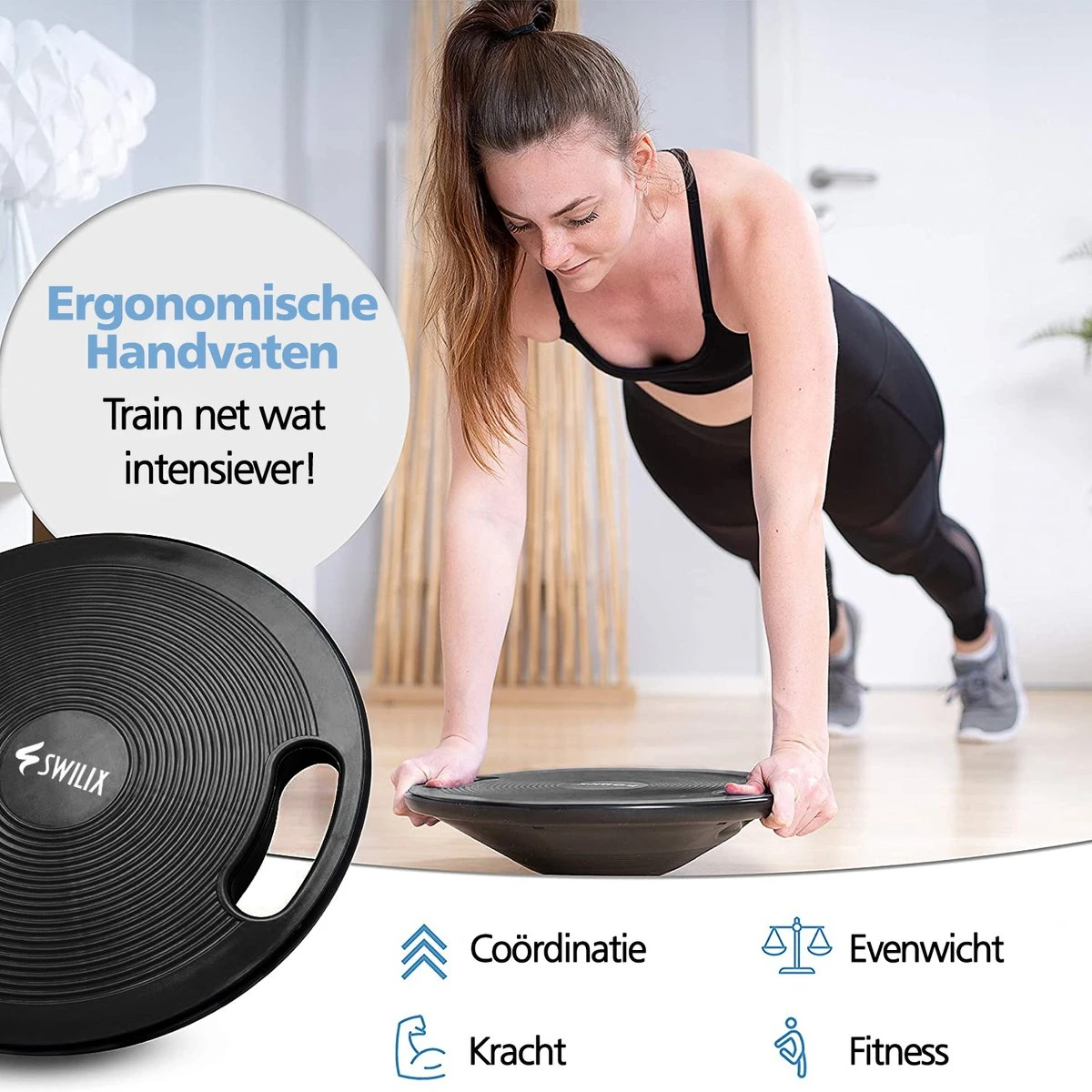 Swilix ® Balance Board - Balansbord Ø40 Cm - Balanstrainer Met 2 Handgrepen - Zwart 2 Swilix ® Balance Board - Balansbord Ø40 Cm - Balanstrainer Met 2 Handgrepen - Zwart - Afbeelding 2