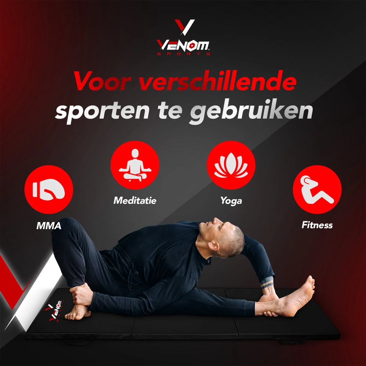 Venom Sports Fitnessmat – Professionele Opvouwbare Turnmat – Yoga – Yogamat – Extra Dikke Sportmat – Gymnastiekmat – L180xB60xH5cm – Zwart 6 Venom Sports Fitnessmat – Professionele Opvouwbare Turnmat – Yoga – Yogamat – Extra Dikke Sportmat – Gymnastiekmat – L180xB60xH5cm – Zwart - Afbeelding 6