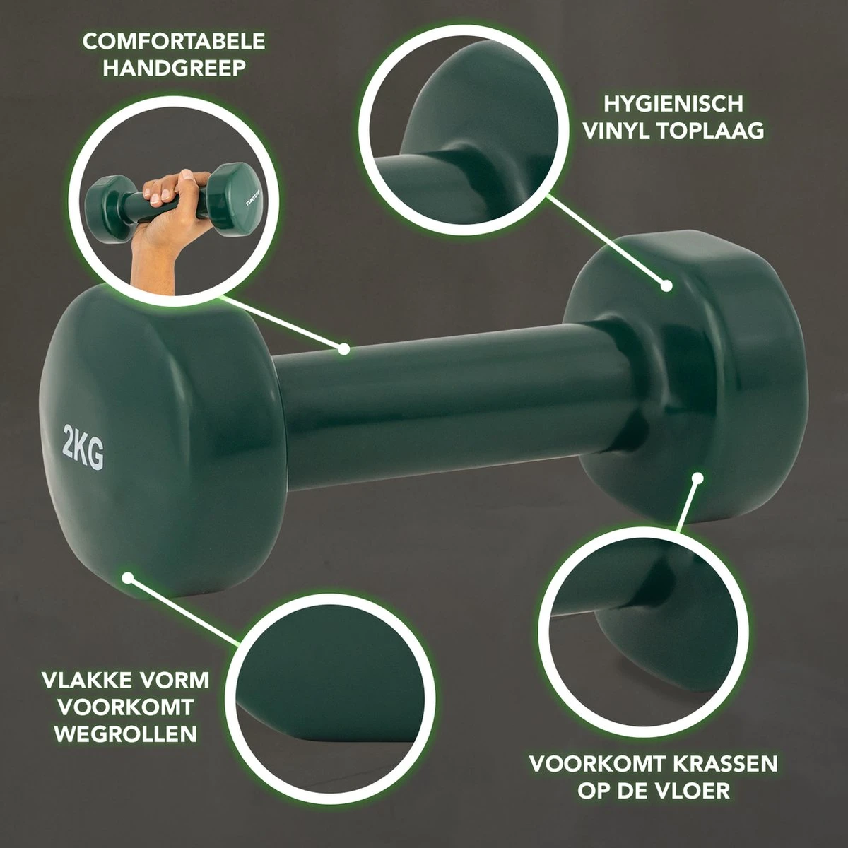 Tunturi Dumbbell Set - 2 X 2,0 Kg - Vinyl - Groen - Incl. Gratis Fitness App 2 Tunturi Dumbbell Set - 2 X 2,0 Kg - Vinyl - Groen - Incl. Gratis Fitness App - Afbeelding 2