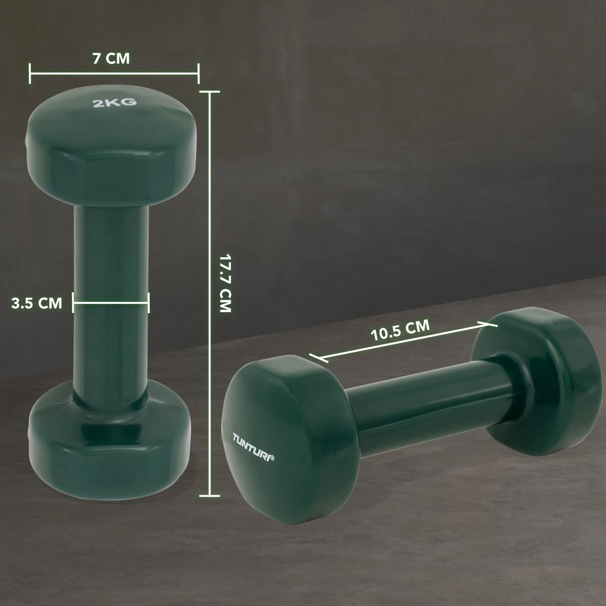 Tunturi Dumbbell Set - 2 X 2,0 Kg - Vinyl - Groen - Incl. Gratis Fitness App 3 Tunturi Dumbbell Set - 2 X 2,0 Kg - Vinyl - Groen - Incl. Gratis Fitness App - Afbeelding 3