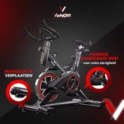 Venom Sports Hometrainer Fiets – Fitness Fiets – Professionele Indoor Cycle Met Lage Instap – Hometrainer Fitness – Hoge Stabiliteit – Spinningfiets – Cardio Bike – LCD Scherm – Verstelbaar – V-belt Aandrijving – Tot 175cm En 150kg – Zwart/Rood -FitForce Outlet Winkel 1200x1200 2072