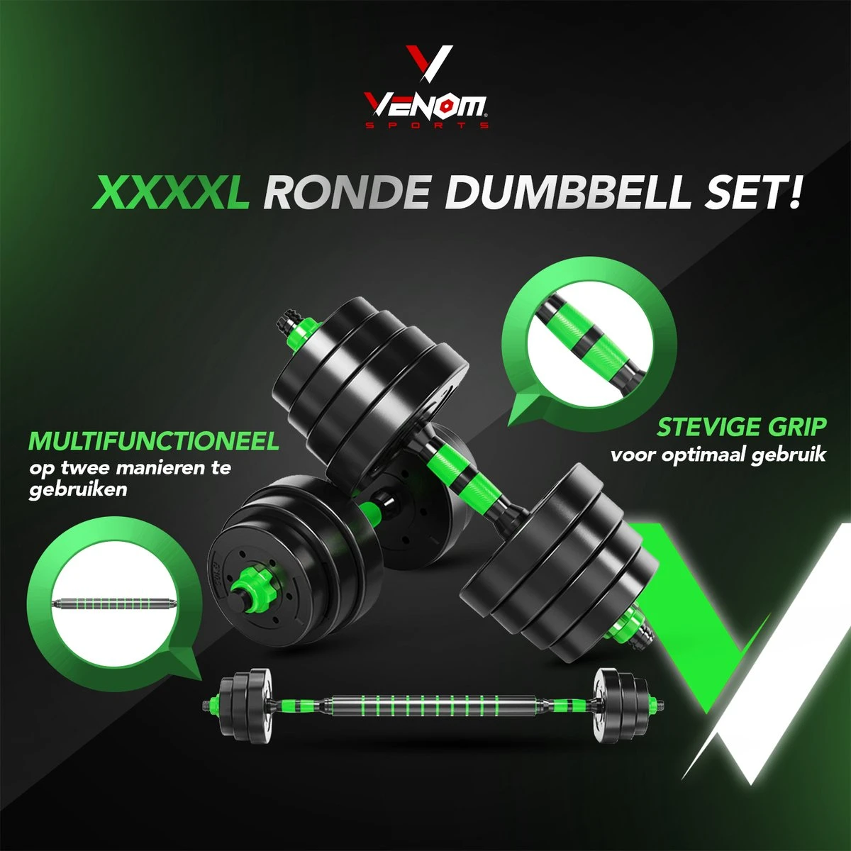 Venom Sports Verstelbare Dumbbell Set Tot 40kg - Professionele 2-in-1 Halterset Gewichten - Gebruiksvriendelijke Fitness Stang - Groen 6 Venom Sports Verstelbare Dumbbell Set Tot 40kg - Professionele 2-in-1 Halterset Gewichten - Gebruiksvriendelijke Fitness Stang - Groen - Afbeelding 6
