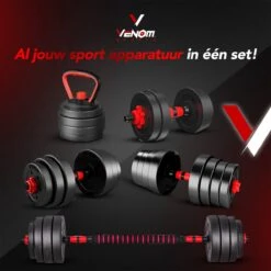 Venom Sports Verstelbare Dumbbell Set Tot 40kg - Professioneel 3-in-1 Halterset Gewichten - Dumbbells, Halterstang En Kettlebells - Zwart -FitForce Outlet Winkel 1200x1200 225
