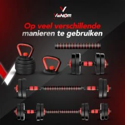 Venom Sports Verstelbare Dumbbell Set Tot 40kg - Professioneel 3-in-1 Halterset Gewichten - Dumbbells, Halterstang En Kettlebells - Zwart -FitForce Outlet Winkel 1200x1200 226