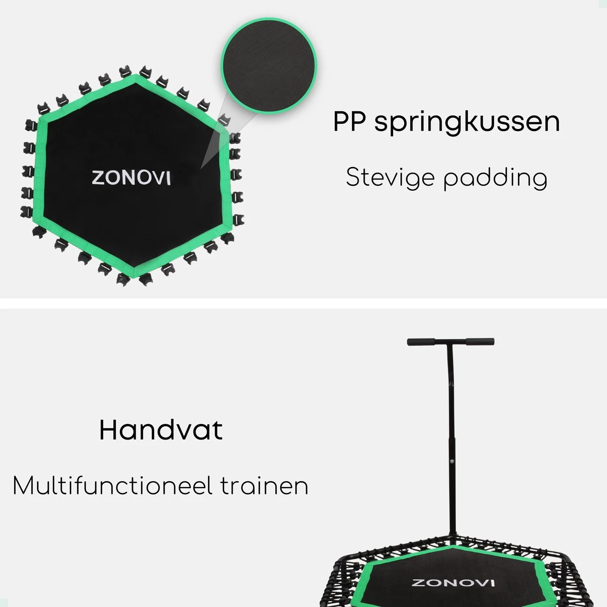 Zonovi Fitness Trampoline 250 Kilo – Mini Trampoline – Kleine Trampoline – Sport Trampoline – Met Elastieken – Zwart – Groen – 106 Cm – 42 Inch. 6 Zonovi Fitness Trampoline 250 Kilo – Mini Trampoline – Kleine Trampoline – Sport Trampoline – Met Elastieken – Zwart – Groen – 106 Cm – 42 Inch. - Afbeelding 6