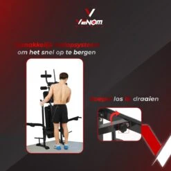 Venom Sports Halterbank – Fitnessbank – Verstelbare Rugleuning – Uiterst Geschikt Voor Gewichten – Incl. Beenhouder – Zachte Handgrepen – PU Kussens – Triangel Structuur – Inklapbaar - Zwart - 182x116x112cm -FitForce Outlet Winkel 1200x1200 327