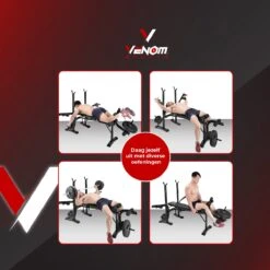 Venom Sports Halterbank – Fitnessbank – Verstelbare Rugleuning – Uiterst Geschikt Voor Gewichten – Incl. Beenhouder – Zachte Handgrepen – PU Kussens – Triangel Structuur – Inklapbaar - Zwart - 182x116x112cm -FitForce Outlet Winkel 1200x1200 328