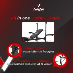 Venom Sports Halterbank – Fitnessbank – Verstelbare Rugleuning – Uiterst Geschikt Voor Gewichten – Incl. Beenhouder – Zachte Handgrepen – PU Kussens – Triangel Structuur – Inklapbaar - Zwart - 182x116x112cm -FitForce Outlet Winkel 1200x1200 329