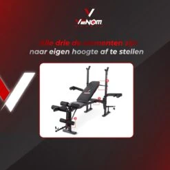 Venom Sports Halterbank – Fitnessbank – Verstelbare Rugleuning – Uiterst Geschikt Voor Gewichten – Incl. Beenhouder – Zachte Handgrepen – PU Kussens – Triangel Structuur – Inklapbaar - Zwart - 182x116x112cm -FitForce Outlet Winkel 1200x1200 331