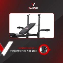 Venom Sports Halterbank – Fitnessbank – Verstelbare Rugleuning – Uiterst Geschikt Voor Gewichten – Incl. Beenhouder – Zachte Handgrepen – PU Kussens – Triangel Structuur – Inklapbaar - Zwart - 182x116x112cm -FitForce Outlet Winkel 1200x1200 332