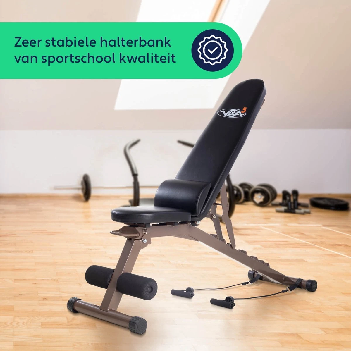 Vita5 Halterbank – Fitnessbank – Verstelbaar Met Rugleuning – Voor Gewichten – Incl. Weerstandsbanden En Beenhouder – Inklapbaar 2 Vita5 Halterbank – Fitnessbank – Verstelbaar Met Rugleuning – Voor Gewichten – Incl. Weerstandsbanden En Beenhouder – Inklapbaar - Afbeelding 2