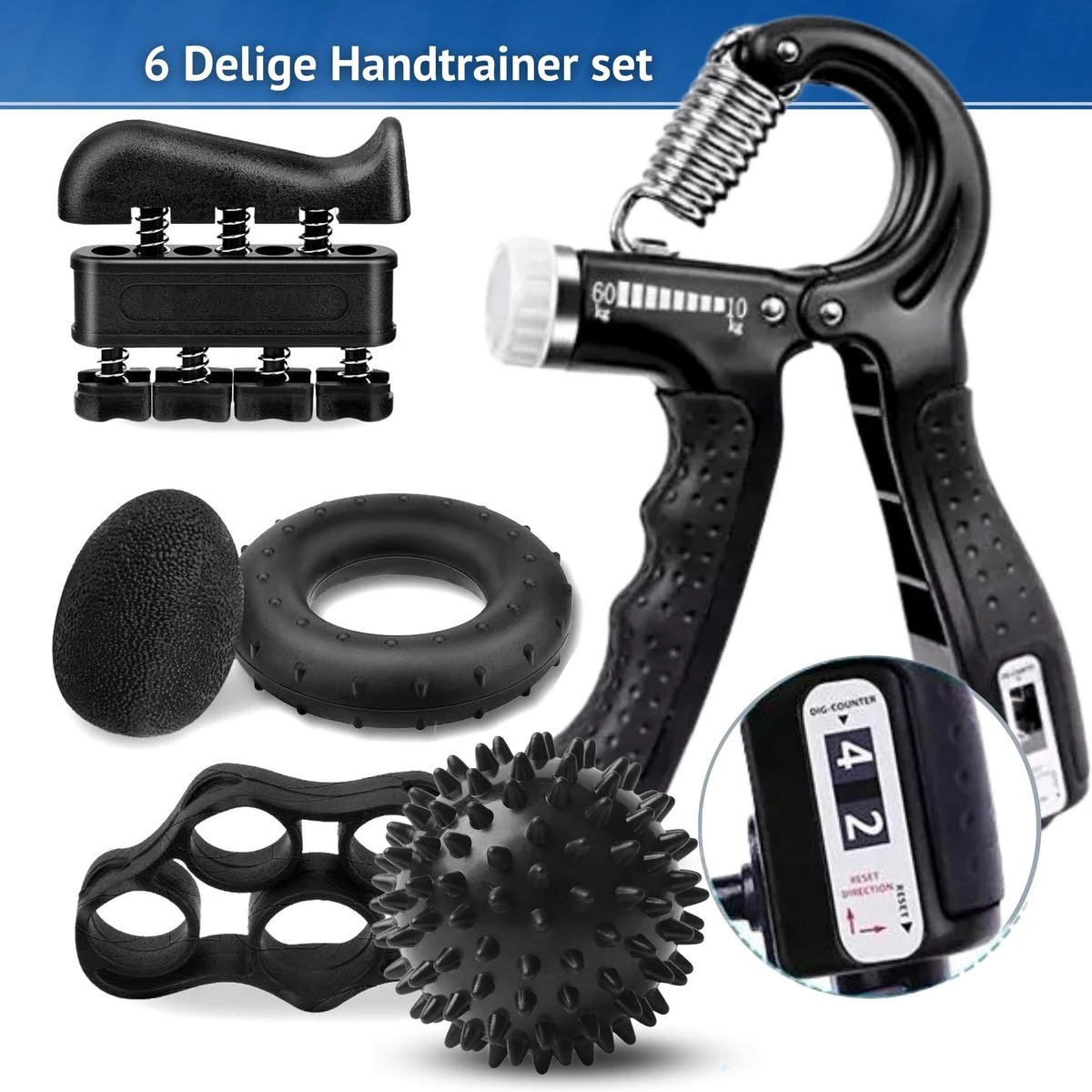 KANGKA 6 Delige Handtrainer Set – Verstelbare Handknijper - Handgrip - Vingertrainer - Onderarm Grip Trainer – Stressbal, Knijphalter, Stretcher & Grip Bal 8 KANGKA 6 Delige Handtrainer Set – Verstelbare Handknijper - Handgrip - Vingertrainer - Onderarm Grip Trainer – Stressbal, Knijphalter, Stretcher & Grip Bal - Afbeelding 8