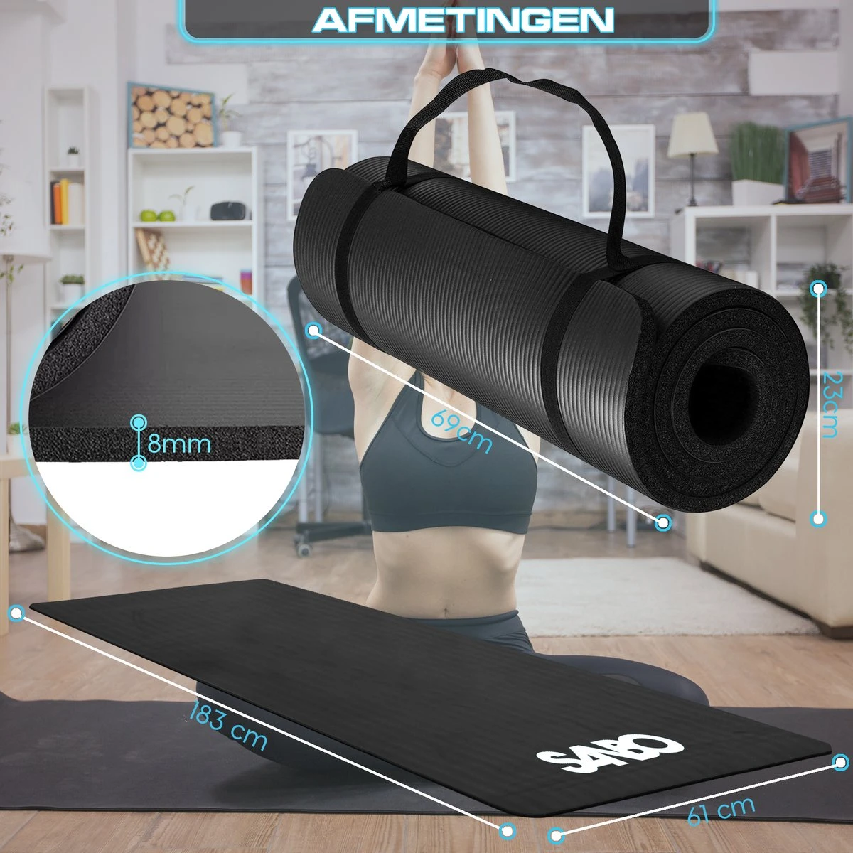 Sanbo Yoga Mat - Zwart - Incl. Luxe Draagtas - 183 X 61 X 0.8 Cm - Extra Dik 8mm - Waterafstotend - Fitness Mat - Meditatie Mat 10 Sanbo Yoga Mat - Zwart - Incl. Luxe Draagtas - 183 X 61 X 0.8 Cm - Extra Dik 8mm - Waterafstotend - Fitness Mat - Meditatie Mat - Afbeelding 10