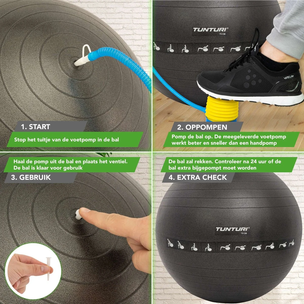 Tunturi Fitnessbal - Gymball - Swiss Ball - 75 Cm - Anti Burst - Inclusief Pomp - Zwart - Incl. Gratis Fitness App 8 Tunturi Fitnessbal - Gymball - Swiss Ball - 75 Cm - Anti Burst - Inclusief Pomp - Zwart - Incl. Gratis Fitness App - Afbeelding 8