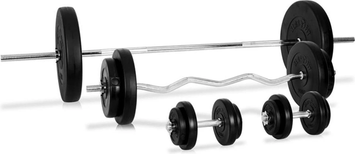 Klarfit Dumbell Set - Halterset 97,5kg : 2 Korte Halters, 8 Korte Haltergewichten , 1 Lange Halterstang, 1 Curlbellstang En 6 Lange Haltergewichten 1 Klarfit Dumbell Set - Halterset 97,5kg : 2 Korte Halters, 8 Korte Haltergewichten , 1 Lange Halterstang, 1 Curlbellstang En 6 Lange Haltergewichten