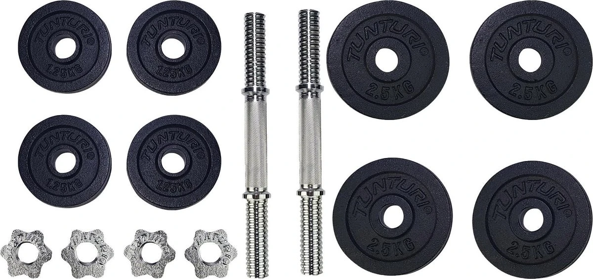 Tunturi Gewichten Gietijzer Totaal 20kg - Halterset Met Schroefsluiting - Dumbbell Set - 2 Halterstangen - 30mm - Incl. Gratis Fitness App 9 Tunturi Gewichten Gietijzer Totaal 20kg - Halterset Met Schroefsluiting - Dumbbell Set - 2 Halterstangen - 30mm - Incl. Gratis Fitness App - Afbeelding 9