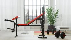 Halterbank INC. 50 Kg GEWICHTEN - Sportbank - Fitnessbank + Halterschijven + 1 Halterstang + 2 Dumbbells - Multifunctioneel - Volledig Instelbaar - Opklapbaar -FitForce Outlet Winkel 1200x675 1