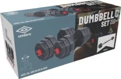 Umbro Halterset - 20 KG - Verstelbare Dumbells En Barbell - Gewichten Van 1.25 KG, 1.5KG En 2KG - Kunststof -FitForce Outlet Winkel 1200x790