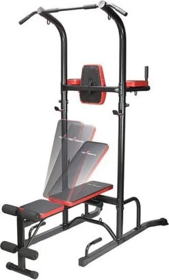 Fitness Trainer - Pull Up Toren - Dip Station – Push Up Bar - Dip Rack Halterbank Inc. 50 Kg GEWICHTEN + Sportbank Fitnessbank + Halterschijven + 3 Halterstangen - Multifunctioneel - Volledig Instelbaar - Opklapbaar -FitForce Outlet Winkel 723x1200