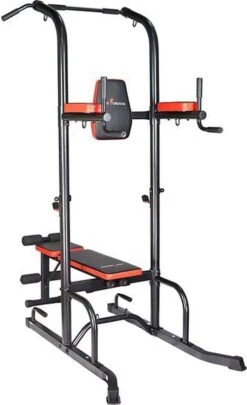 Fitness Trainer - Pull Up Toren - Dip Station – Push Up Bar - Dip Rack Halterbank Inc. 50 Kg GEWICHTEN + Sportbank Fitnessbank + Halterschijven + 3 Halterstangen - Multifunctioneel - Volledig Instelbaar - Opklapbaar -FitForce Outlet Winkel 732x1200