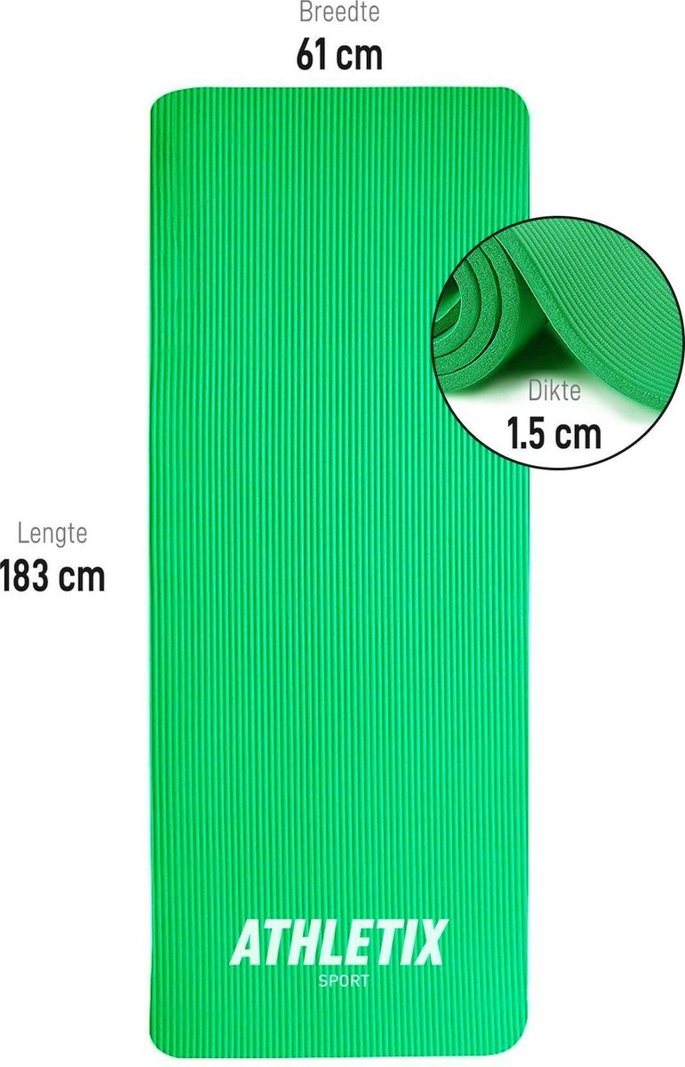 Athletix® Premium NBR Fitnessmat - Yogamat - 183 X 61 X 1.5 Cm - Met Draagriem En Draagtas - Groen 4 Athletix® Premium NBR Fitnessmat - Yogamat - 183 X 61 X 1.5 Cm - Met Draagriem En Draagtas - Groen - Afbeelding 4