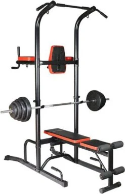 Fitness Trainer - Pull Up Toren - Dip Station – Push Up Bar - Dip Rack Halterbank Inc. 50 Kg GEWICHTEN + Sportbank Fitnessbank + Halterschijven + 3 Halterstangen - Multifunctioneel - Volledig Instelbaar - Opklapbaar -FitForce Outlet Winkel 777x1200