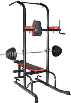 Fitness Trainer - Pull Up Toren - Dip Station – Push Up Bar - Dip Rack Halterbank Inc. 50 Kg GEWICHTEN + Sportbank Fitnessbank + Halterschijven + 3 Halterstangen - Multifunctioneel - Volledig Instelbaar - Opklapbaar -FitForce Outlet Winkel 820x1200
