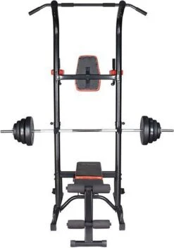 Fitness Trainer - Pull Up Toren - Dip Station – Push Up Bar - Dip Rack Halterbank Inc. 50 Kg GEWICHTEN + Sportbank Fitnessbank + Halterschijven + 3 Halterstangen - Multifunctioneel - Volledig Instelbaar - Opklapbaar -FitForce Outlet Winkel 843x1200