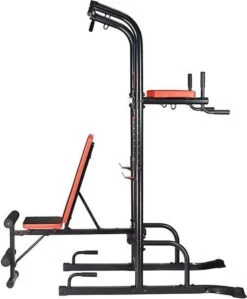 Fitness Trainer - Pull Up Toren - Dip Station – Push Up Bar - Dip Rack Halterbank Inc. 50 Kg GEWICHTEN + Sportbank Fitnessbank + Halterschijven + 3 Halterstangen - Multifunctioneel - Volledig Instelbaar - Opklapbaar -FitForce Outlet Winkel 990x1200