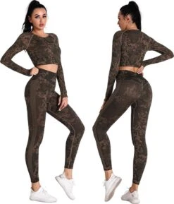 Merkloos Sportoutfit - Sportkleding Set Dames - Yoga Kleding - Sport BH - Sportlegging Dames - Sport Top - High Waist Legging Dames - Camouflage Kleding - Dames Kleding - Panterprint - Luipaard - Legging & Shapewear Dames | Top + Legging | Goud | Maat S